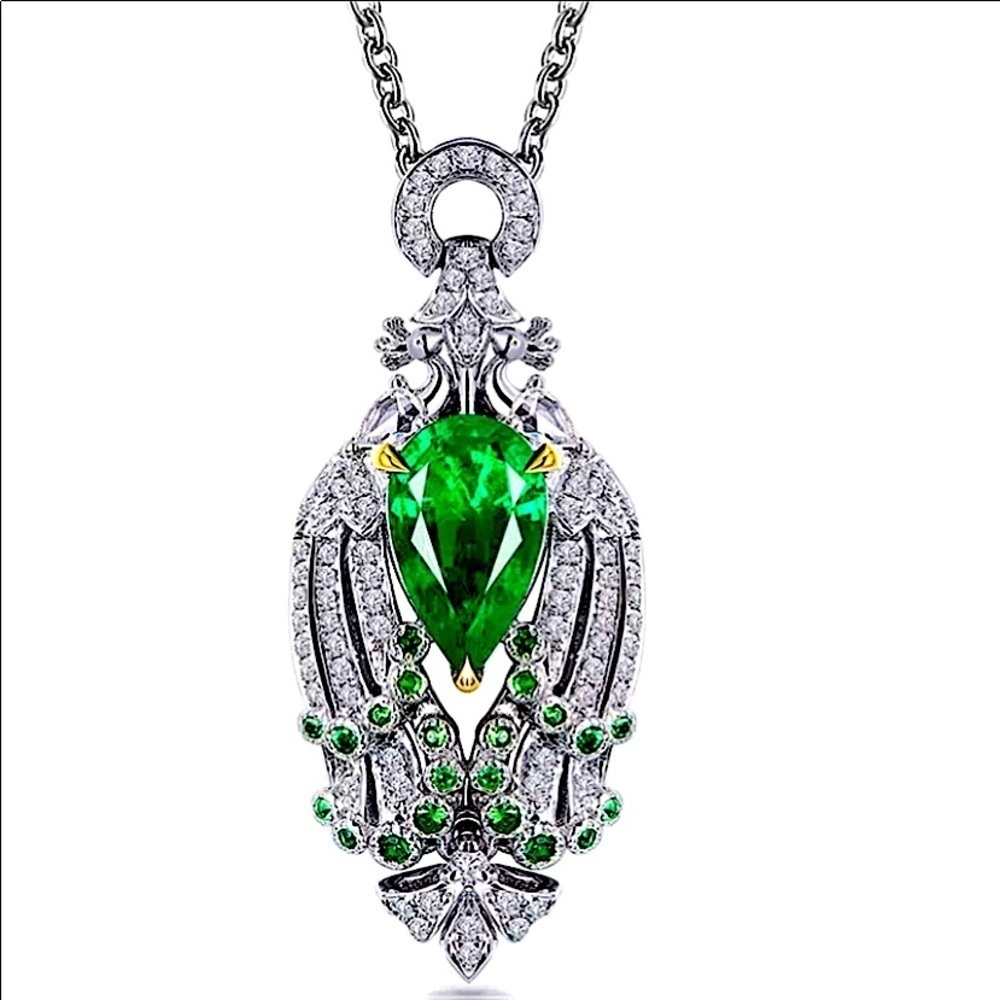Emerald Green Crystal Silver Pendant Charm Necklace